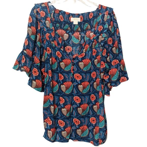 Anthropologie Tops - Women's Anthropologie Maeve XL Letitia Smocked Blouse Teal Poppy Babydoll Shirt